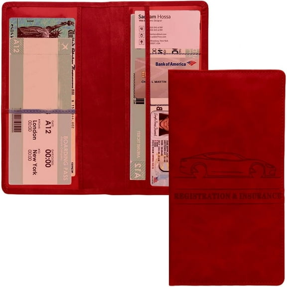 Red Premium Leather Car Document Holder - Organizer for Registration, Insurance Cards & Driver's License, Vehicle Papers Storage, Glove Box Accessories for Cars