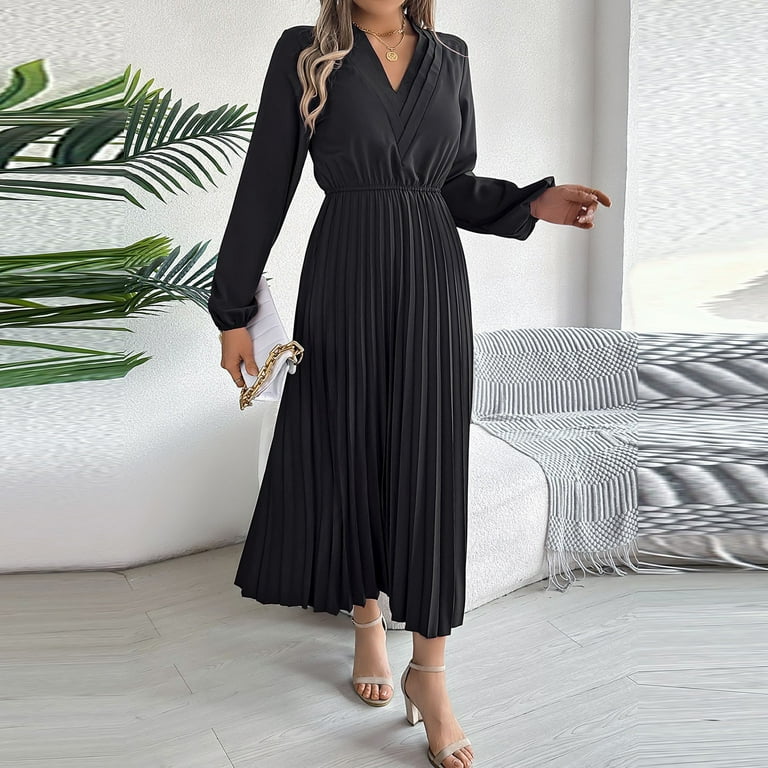 Generic Women's Mock Neck Long Sleeve Pleated Chiffon Long Dress High Waist  Belted Flowy A Line Cocktail Party Dress - Walmart.com