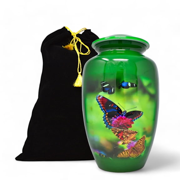 Green Butterfly Cremation Urn for Human Ashes – Handcrafted Metal Funeral Urn with Meena Finish, Secure Screw Lid, Adult Memorial Urn for Men, Women & Pets