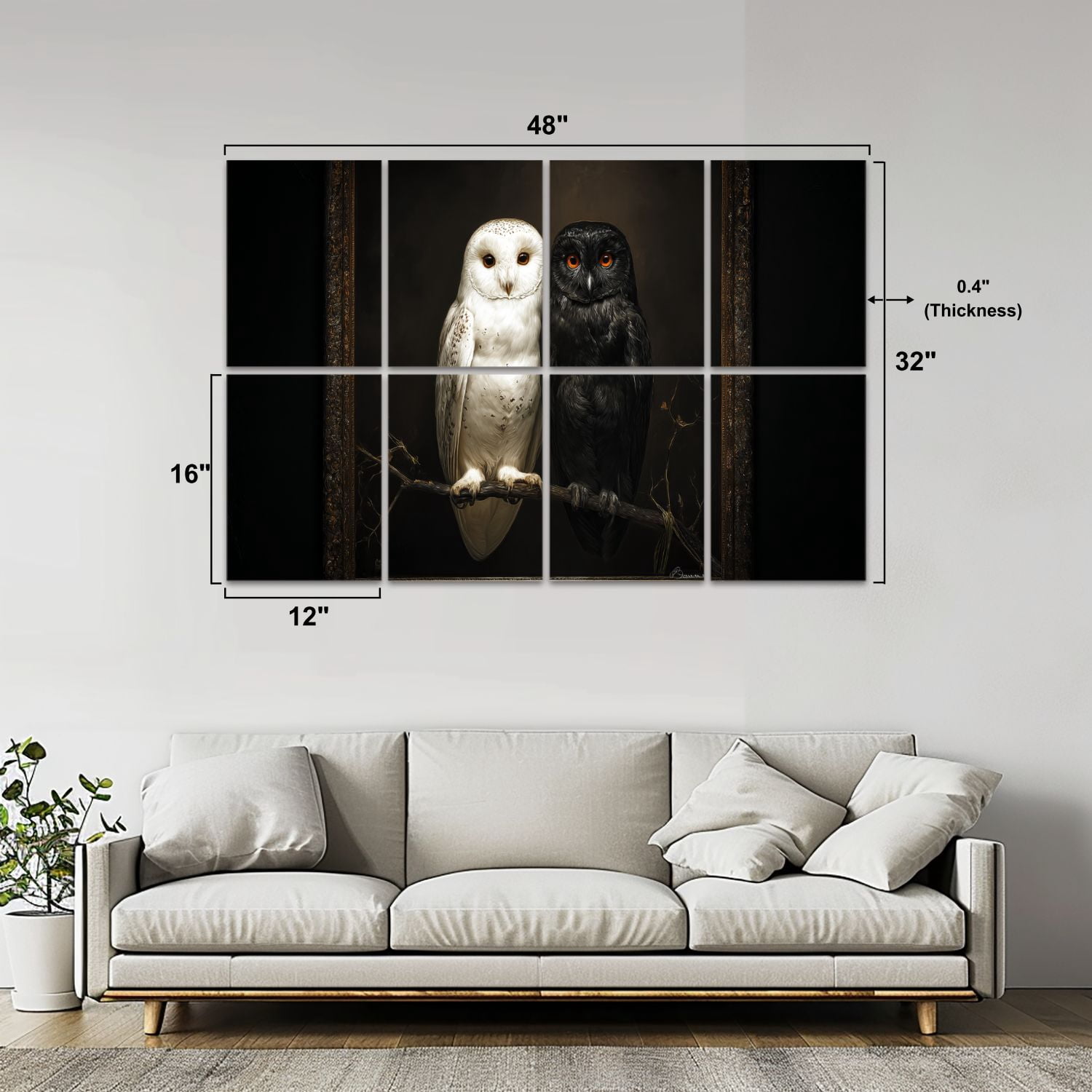 Gothic 8 Pack Art Acoustic Panels Sound Absorbing White Black Owl Pair Dark Vintage Gothic Decorative Soundproof Wall Panels Self Adhesive for Nursery Game Room Bedroom 48"x32"
