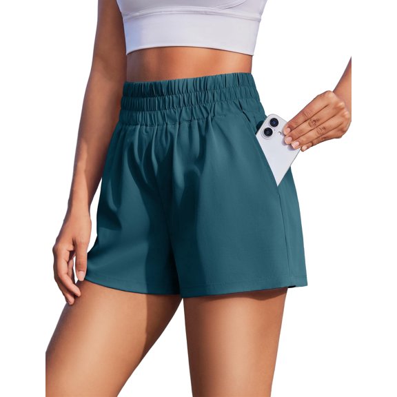 Pinspark Womens High Waisted Running Shorts, Lightweight Breathable Quick Dry Stretch Linerless Athletic Shorts with Pockets