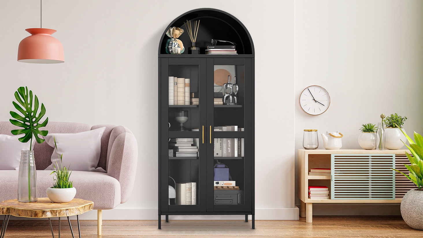 73'' Arched Kitchen Pantry Storage Cabinet with Doors/Shelves, Black Arched Bookcase Display Cabinet for Home Office Bar Living Room, Assemble Require