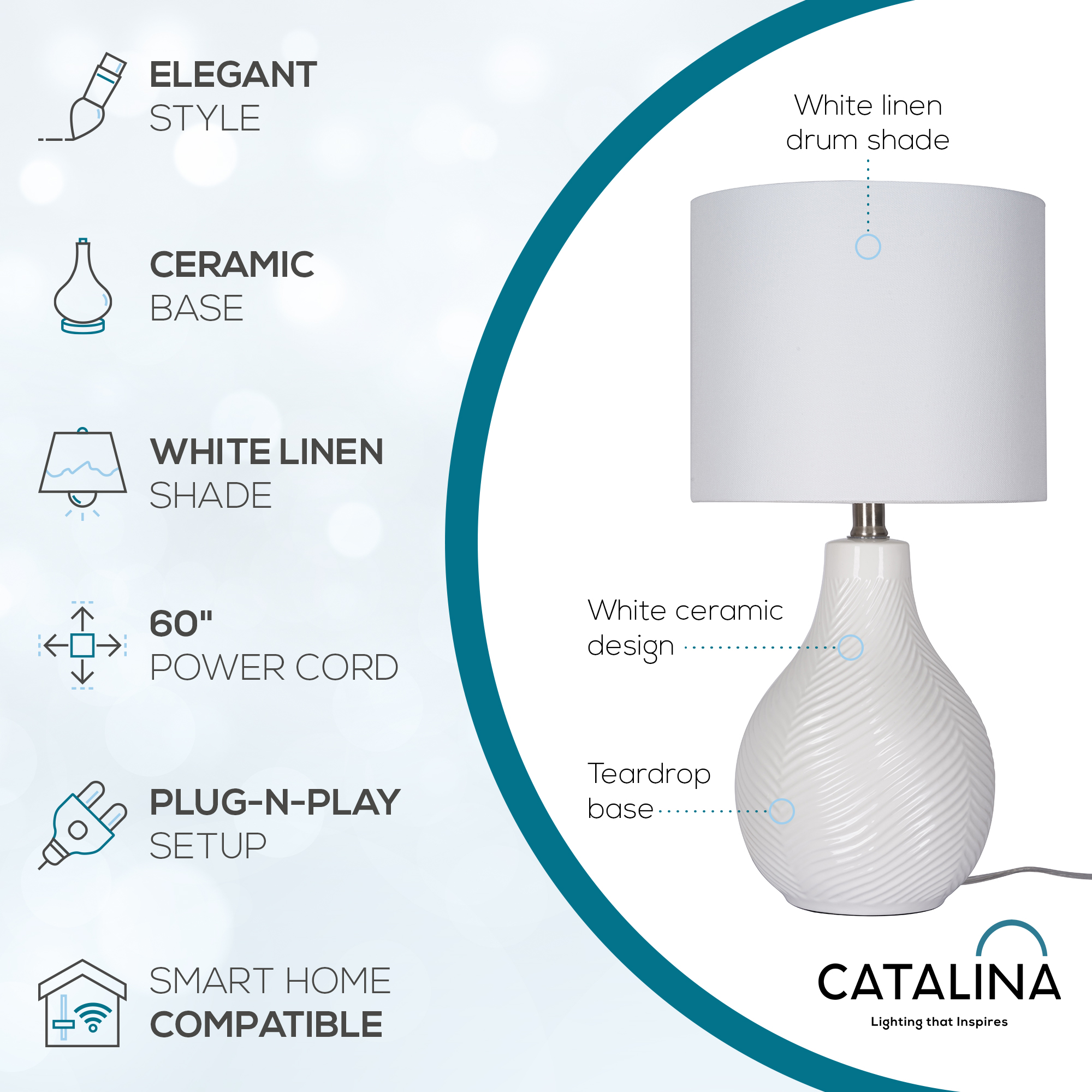 Catalina Lighting Sandrift 18.75'' Table Lamp with White Fabric Drum Shade Transitional Table Light Fixture for Living Room, Bedroom, or Office, White