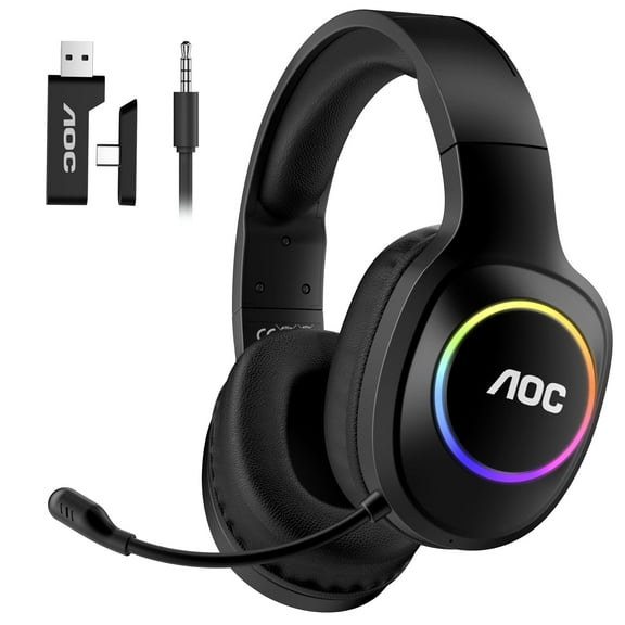 AOC Wireless Gaming Headset for PC/PS5/PS4/Switch, Bluetooth 5.4 & 2.4GHz Gaming Headphones with Noise Canceling Mic, RGB, Type-C, 20ms Latency, 45H, 7.1 Virtual Surround- Black
