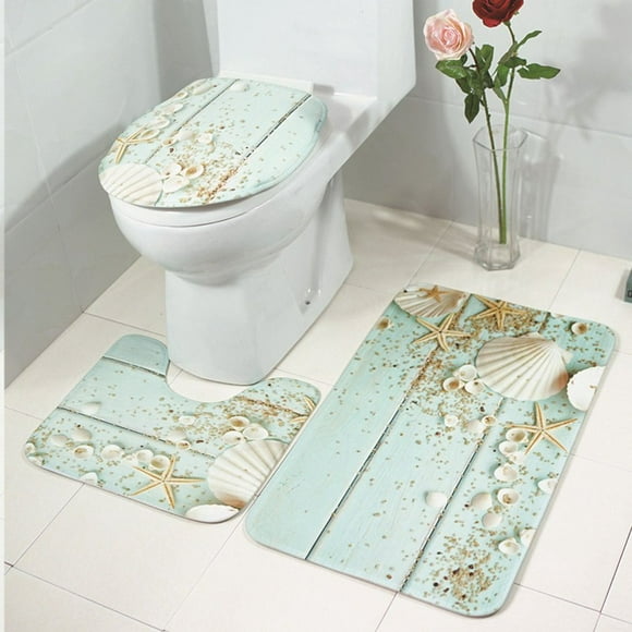 Fancyy 3Pcs Bathroom Carpet Non-slip Mat Lid Toilet Cover Bath Mat Set light blue & white