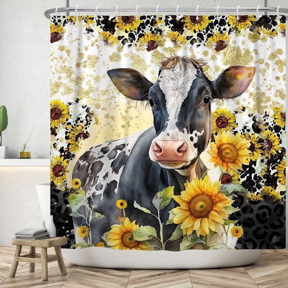Mizhona Highland Cow Shower Curtain Sunflowers Farmhouse Bath Curtains Farm Country Bathroom Decor 72"x72"