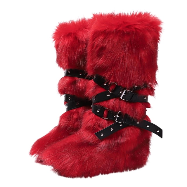 COM1950s Bottes pour Femmes, Bottes d'Hiver Chaudes pour Femmes, Talon Plat Haut, Style Fille Épicée, Plus Velours, Tête Ronde, Tube Moyen, Design à Sangle, Bottes de Neige pour Femmes, Bottes d'Hiver pour Femmes