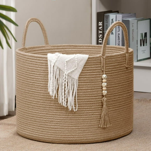Goodpick Large Wicker Laundry Basket Jute Woven Basket For Clothes Shoes Towels Decorative Storage Basket In Living Room Bathroom Entryway Round Toy Basket 17.7 X 12.6 Inches Jute