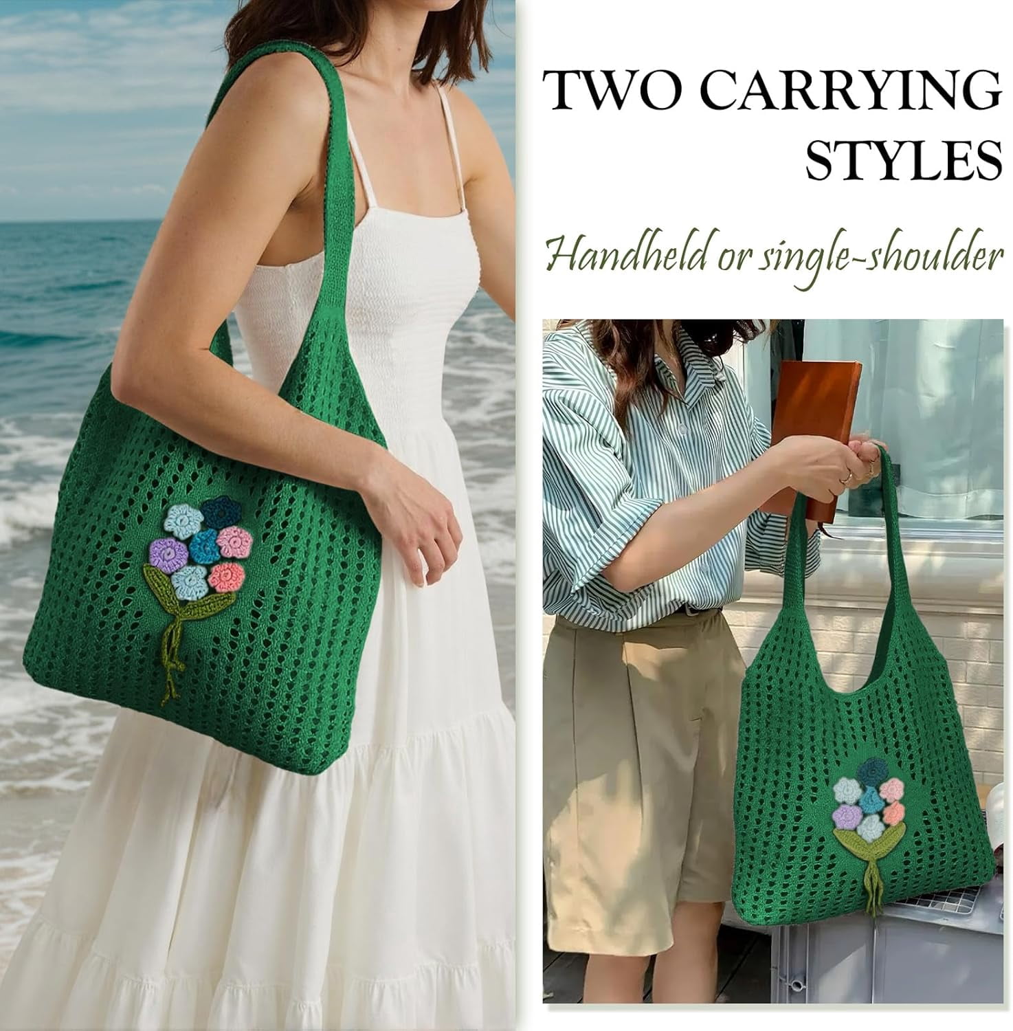 Crochet Mesh Beach Tote Shoulder Handbags Hobo for Women Summer Vacation Shoulder Bag Soft Y2k Purses for Travel