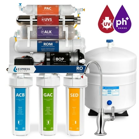 Express Water 11-Stage Reverse Osmosis Alkaline Remineralization + UV Ultraviolet Filter System with Booster Pump 100-GPD