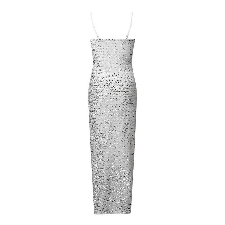 Bltiby 2025 Women Sequin Evening Dress Hip Wrap V-Neck Ruched Waist Sleeveless Glitter Cocktail Party Slim Formal Gowns with High Split White M,
