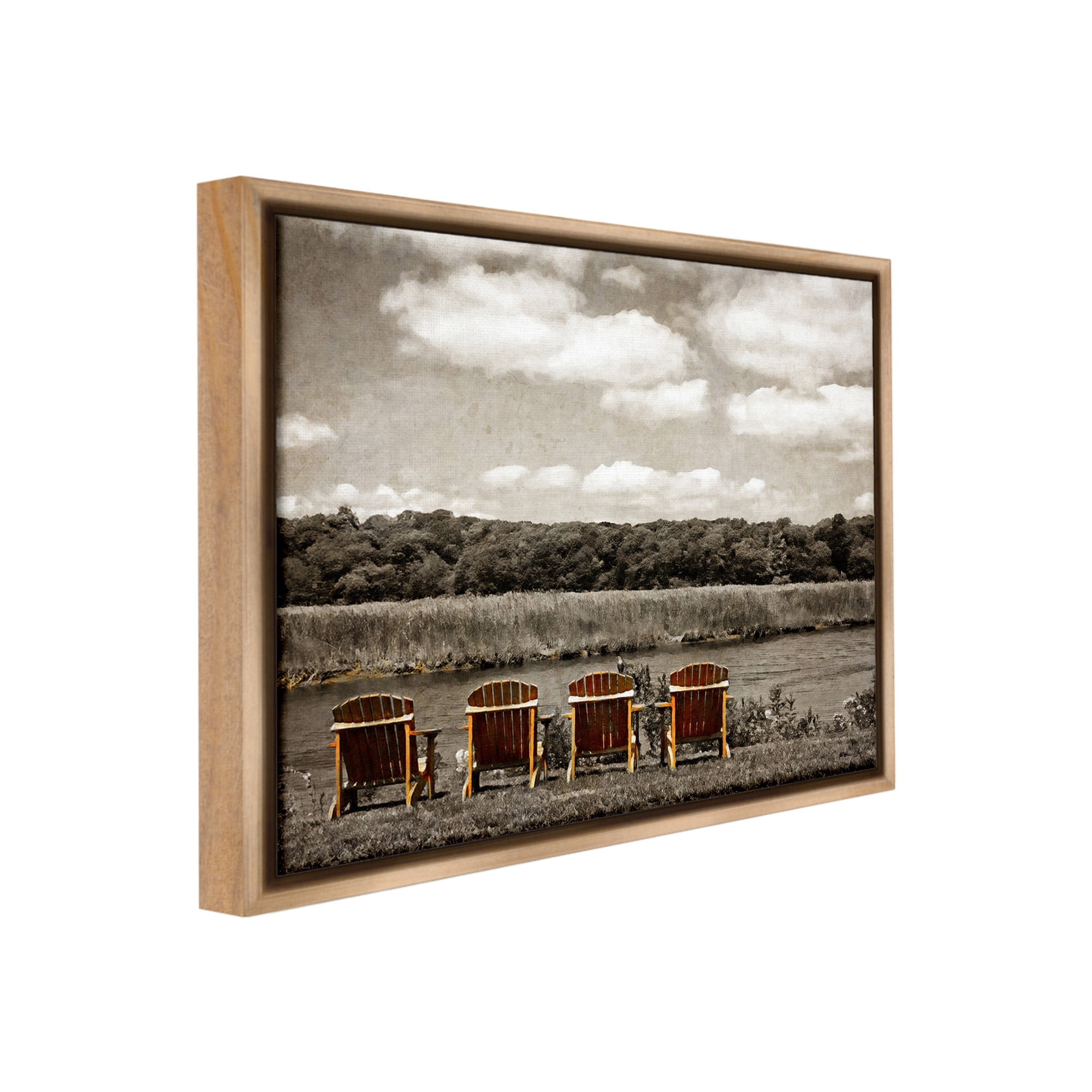 Stupell Industries Adirondacks Lake View Landscape Painting Brown Floater Framed Canvas Art Print Wall Art, 31 x 25