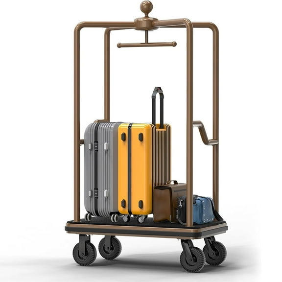BERPET Hotel Luggage Cart Heavy Duty 1500 lbs, Bronze Stainless Steel Hotel Bellman Trolley 47"x25" with 8" Silent Rubber Wheels