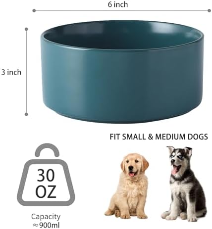 6'' Ceramic Dog Bowl - 30Oz Classic Dogs Food & Water Bowl for Small and Medium Breed Dogs, Heavy Duty Non-Slip Dog Dishes, Food Grade Stoneware Pet Bowl, Dishwasher & Microwave Safe, Green