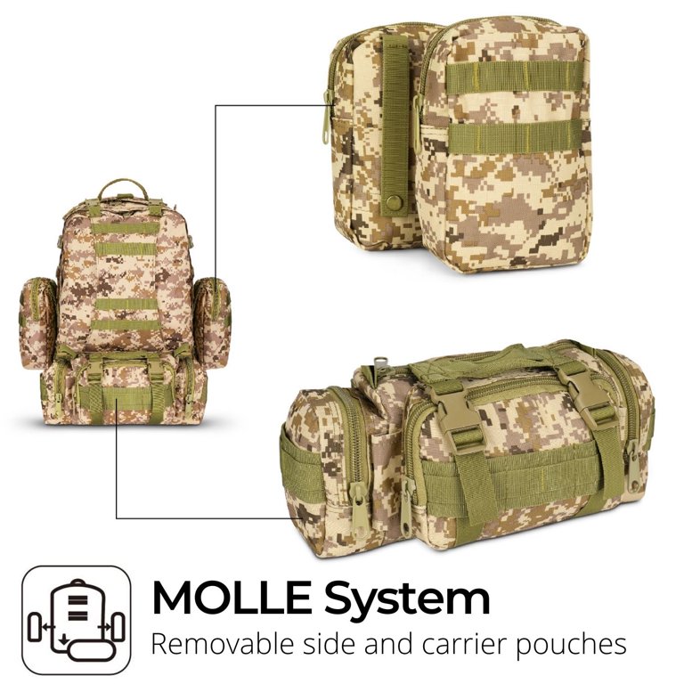 3-in-1 Tactical Backpack (Desert Camo) 55L Large Army Assault Pack w/  Detachable Shoulder Messenger Bag 2 Side Packs, MOLLE Gear Attachment  System, Bug-out Bag Daypack Rucksack for Outdoor Hiking - Walmart.com
