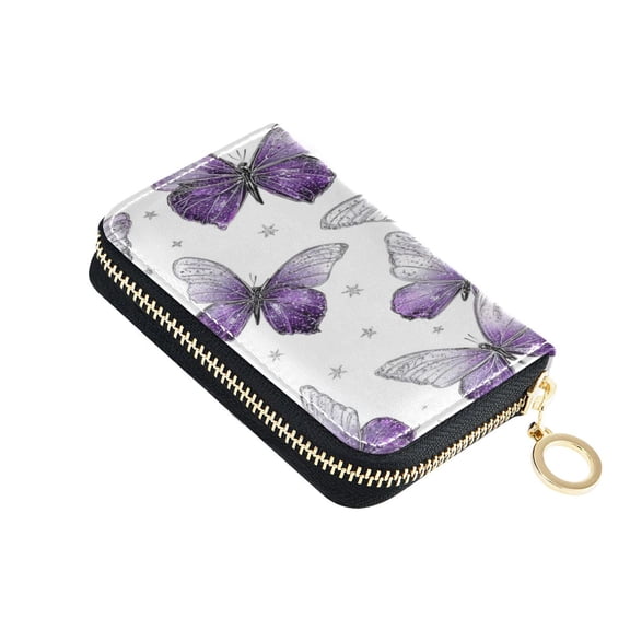 PU Leather Zipper Card Case Wallet Credit Card Holder with 9 Card Slots 4.7" x 3.1" Lavender-colored Butterfly Pattern
