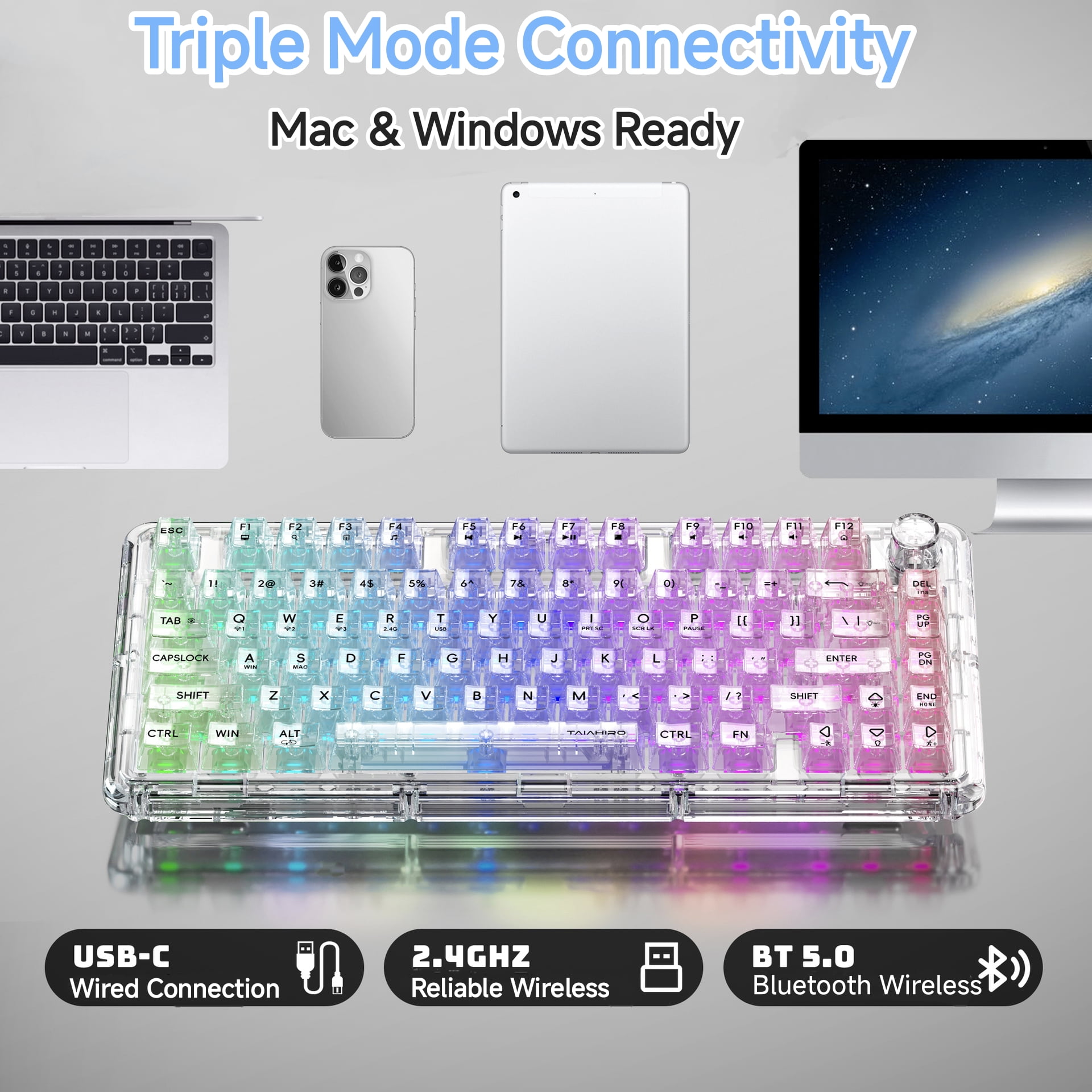 BK920 Transparent Wireless Mechanical Keyboard 80-Key Triple Mode RGB Backlit Hot-Swappable Linear Switches Volume Knob for Mac & Windows