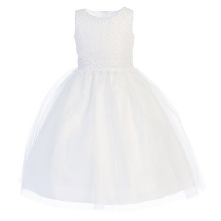 Little Girls White Lace Bodice Tulle Tea-Length Communion Dress 6