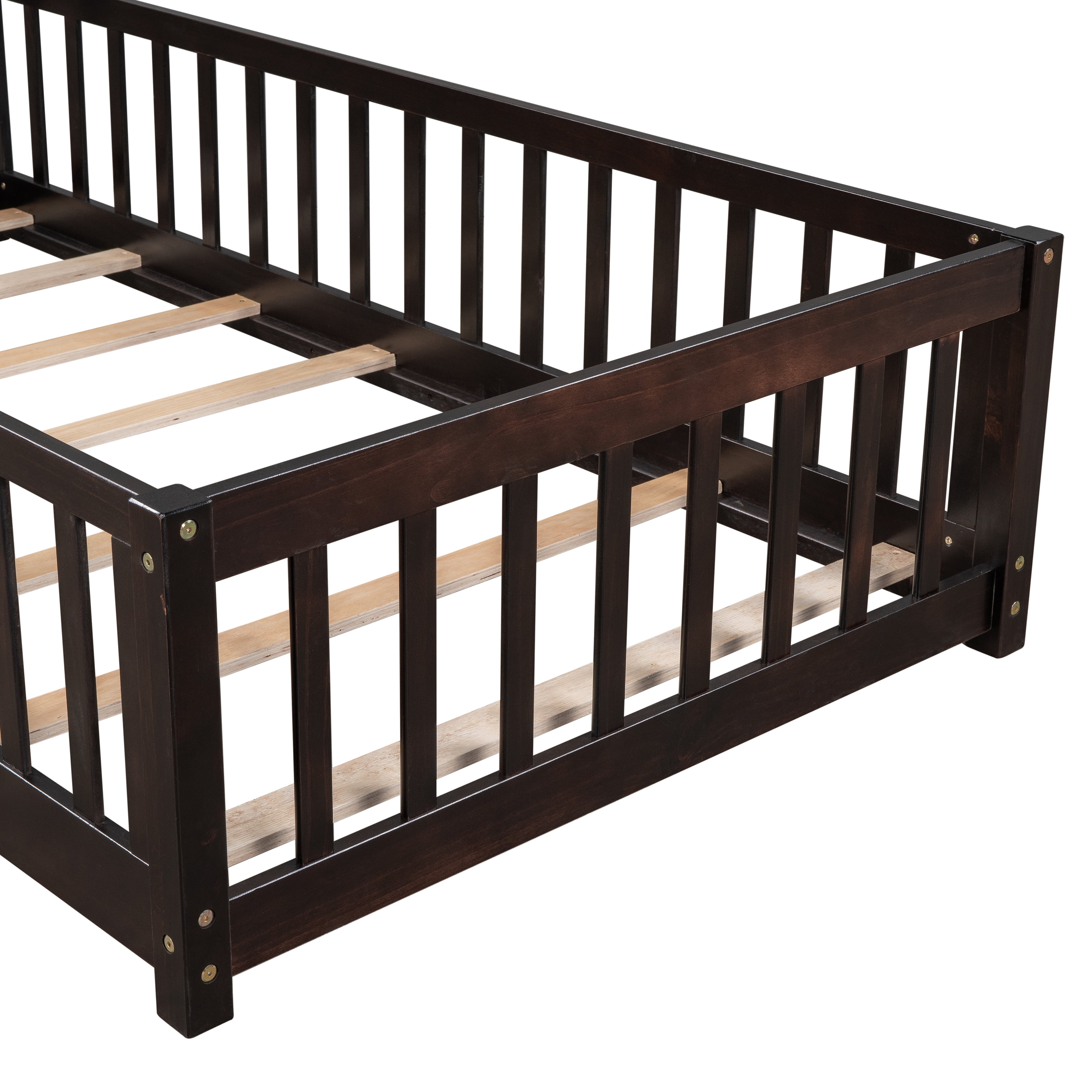 Miniyam Twin Size Toddler Floor Bed with Fence, Espresso