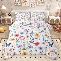 Homewish Multicolor Flower Butterfly Full Size Comforter Sets,Rustic Botanical Bedding Comforter Set,White Green Blue Bedding Sets For Girl Kids,Microfiber Bedroom Decor Reversible,3 Pieces