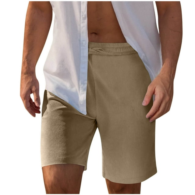 YanHoo Men's Linen Beach Shorts 7 Inch Drawstring Elastic Waist Summer Shorts with Pocket