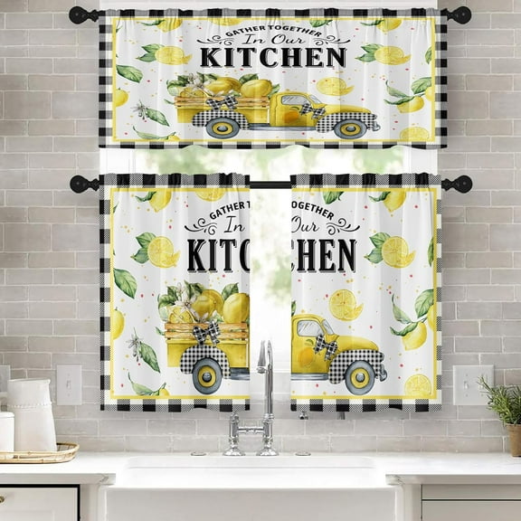 Lemon Kitchen Curtains Yellow Truck Window Curtains Valance and Tier Set 36 Inch, Buffalo Plaid Rod Pocket Short Tier Curtain for Bedroom Living Room, Summer Small Cafe Kitchen Decor