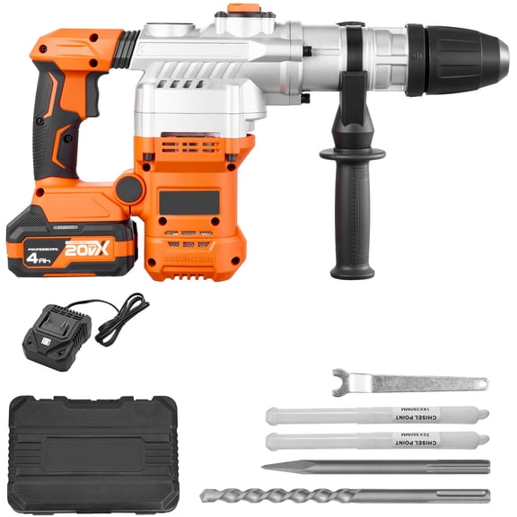KFFKFF Cordless Rotary Hammer Drill, 1-9/16 in SDS-Max, 20V Battery Powered with 2 Batteries, Charger, Drill Bit, Chisel, and Carrying Case for Concrete and Masonry