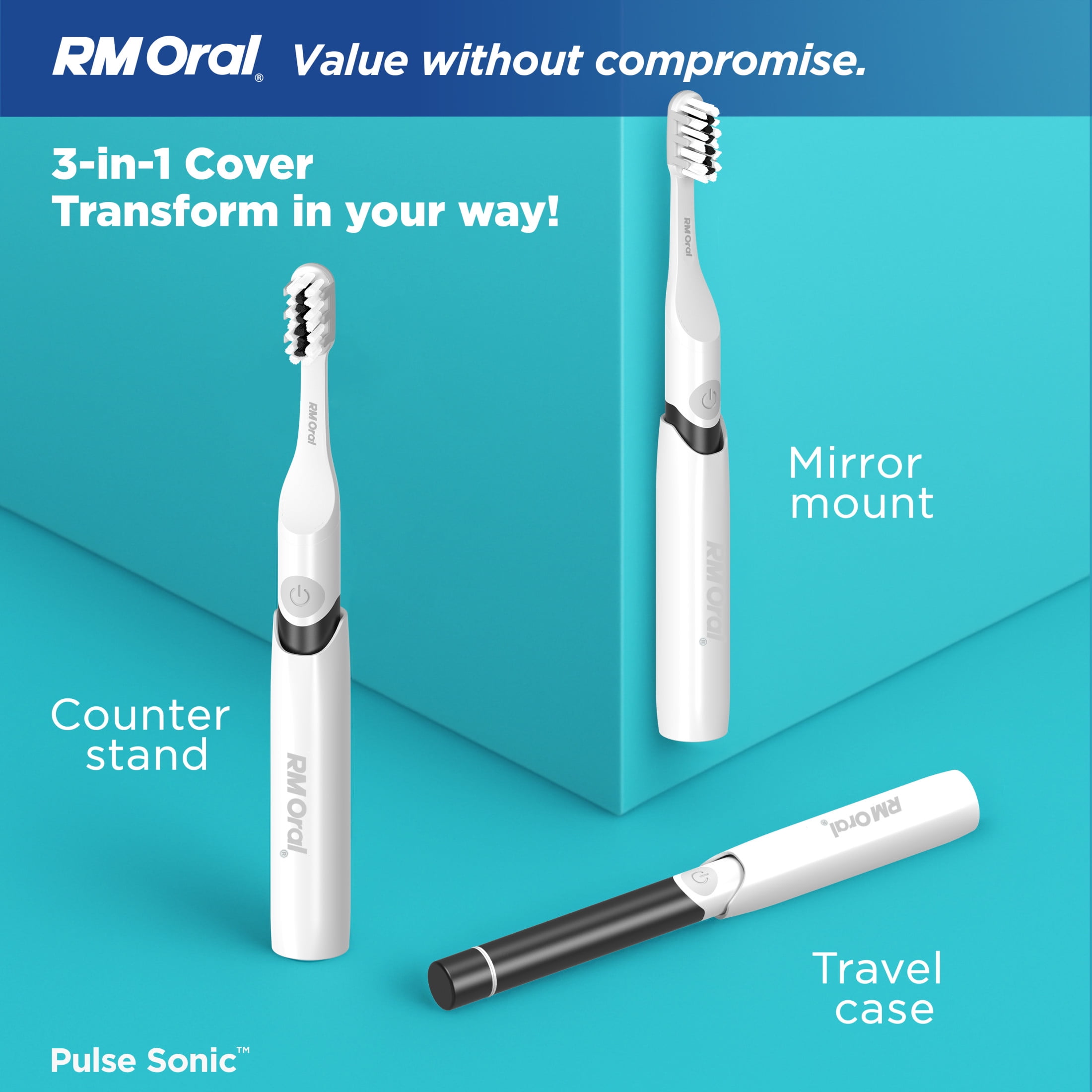 RM ORAL Pulse Sonic Powered Toothbrush, Metal Handle, Case, Soft - Black