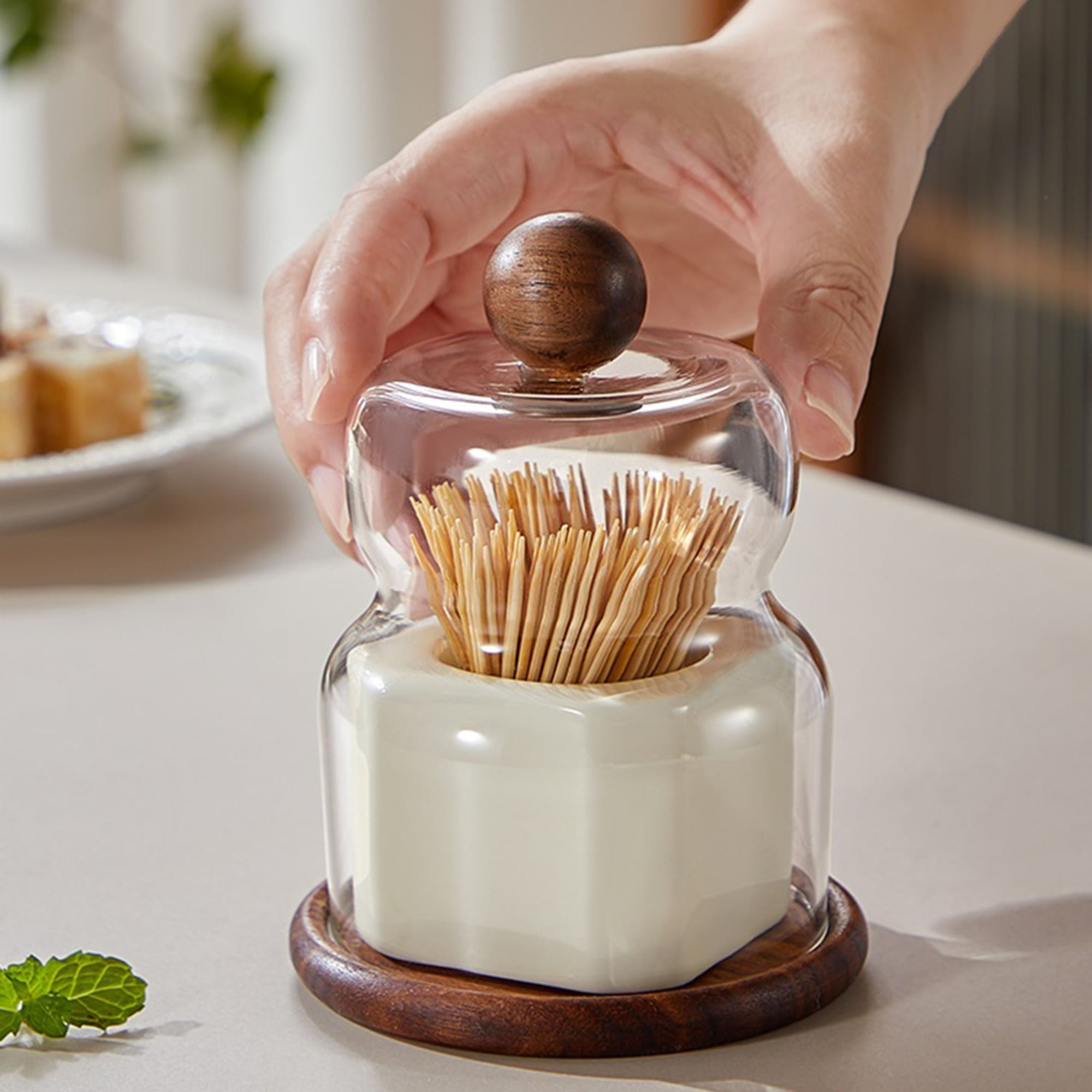 Toothpick Dispenser, Vintage Walnut Ceramic Toothpick Holder Floss Holder Cotton Swab Organiser