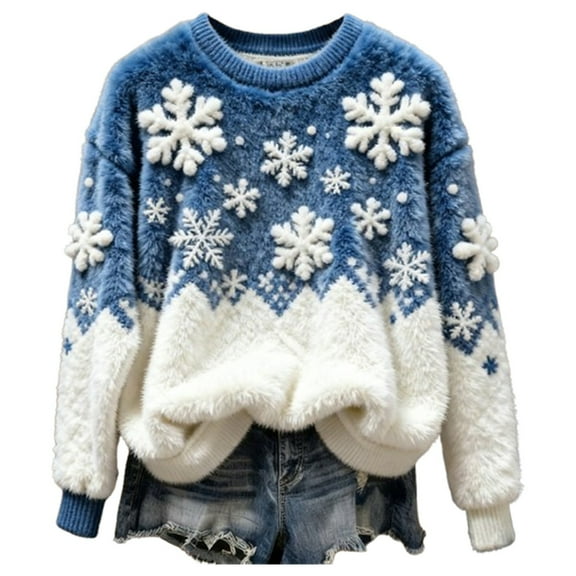 Women Christmas Outfit Women's Cozy Pullover Sweater Soft Crewneck Casual Winter Holiday Warm Top For Festive Outfit Blue S