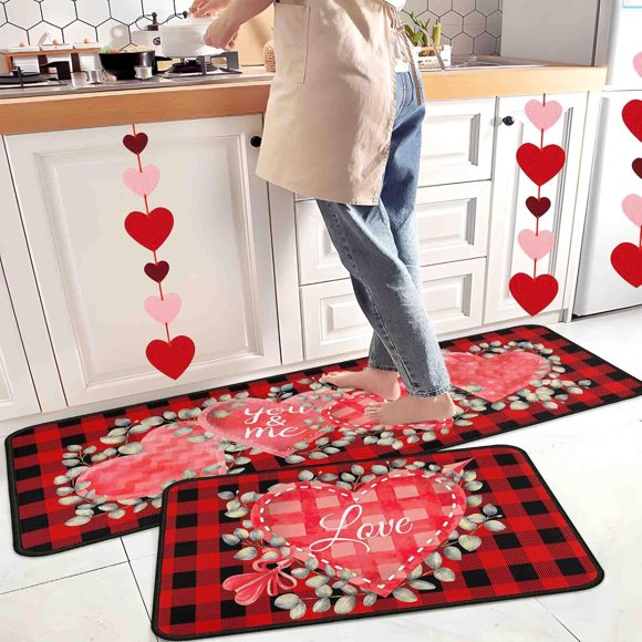 Buffalo Plaid Valentine''s Day Kitchen Rugs and Mats Set of 2,Love Heart Decorative Non-Slip Rugs Seasonal Holiday Wedding Party Profile Floor Mat for Home Kitchen