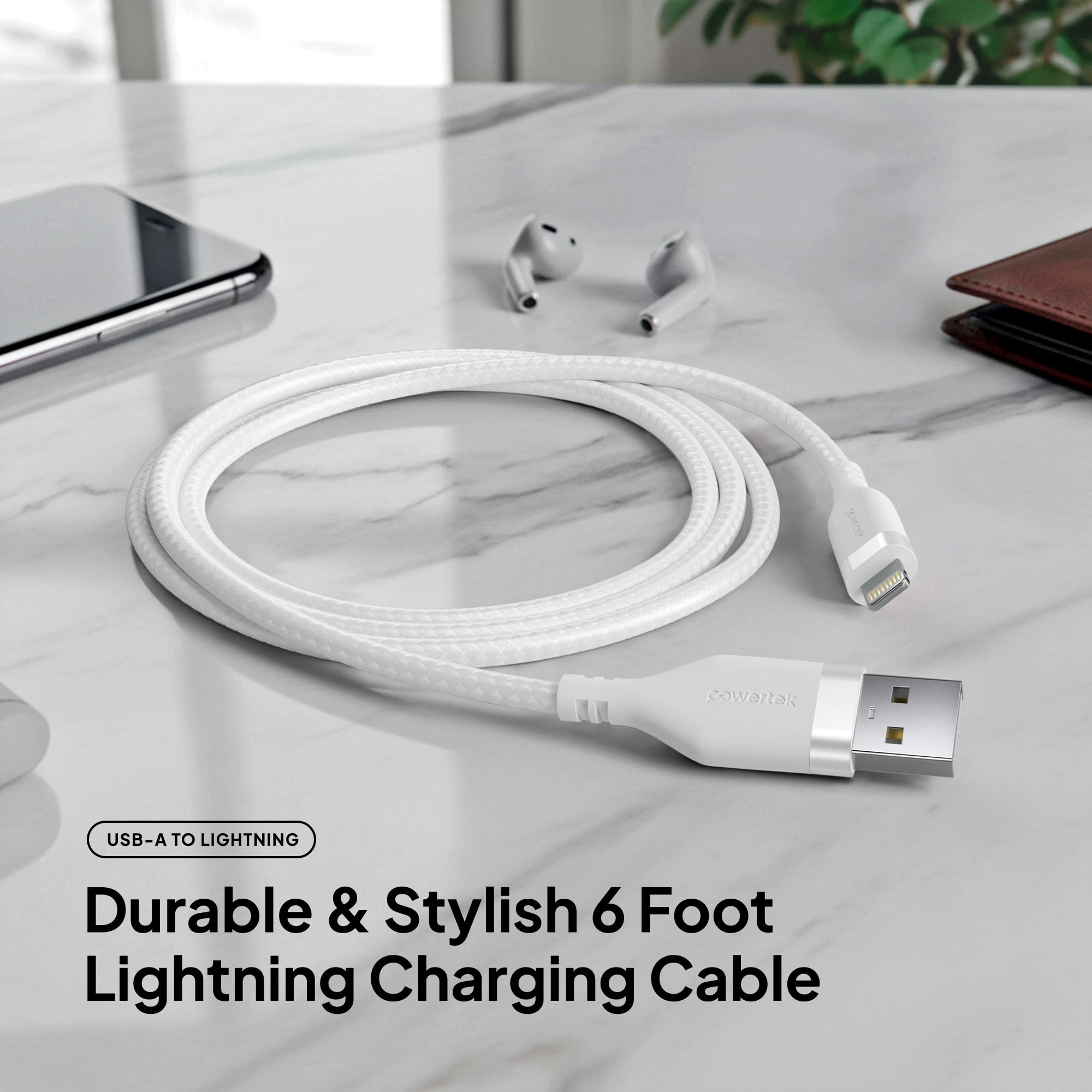Powertek MFi Certified USB-A to Lightning Charging Cable, Carbon Design Texture, 6 ft, White
