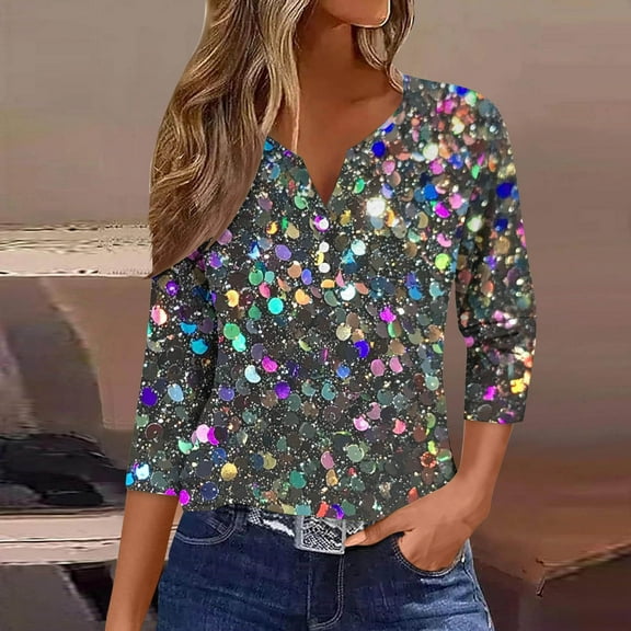 Royisotas Silver Women Plus Size Tops Three Quarter Sleeve Sequin Casual Fall Women's Blouses V-Neck Button up Comfy Loose Fit Tshirts