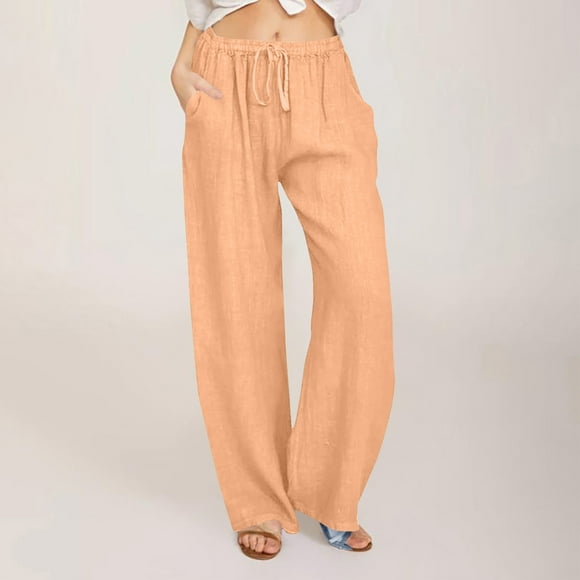 RXIRUCGD Women's Casual Trousers Solid Drawstring Waist Long Pants With Pocket, Orange, Size: L