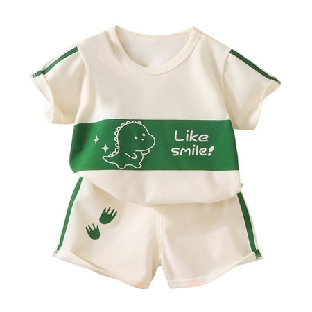 JAJAHO Toddler Baby Boys Summer Outfits 2 Piece Short Sleeve Set Cartoon Dinosaur Print T Shirt And Shorts Matching Set 0-6Y Stylish Outfit