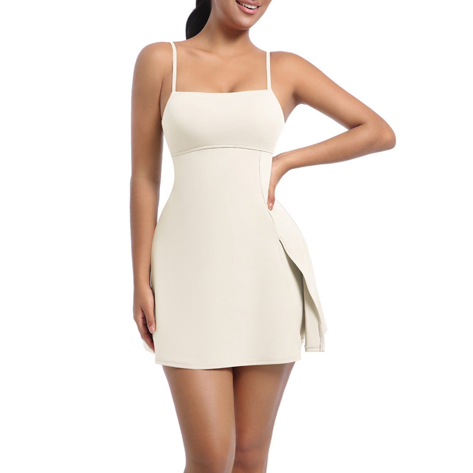 jtjvou Women's Tennis Mini Dresses Workout Golf Athletic Sleeveless Backless Spaghetti Strap Slit Dress with Built in Shorts Beige M