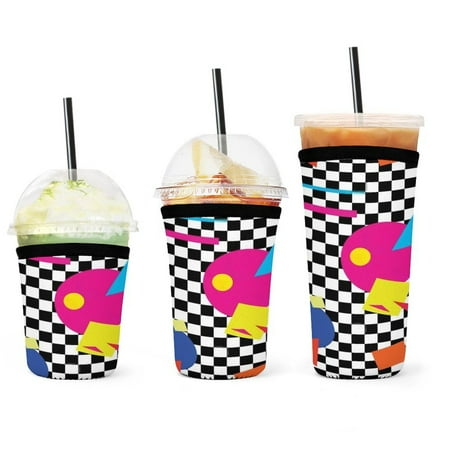 

Set of 3 Packs Reusable Hot And Iced Coffee Cup Sleeve Neoprene Tumbler Sleeve Retro Classic 1980s Shapes On Black And White Check(16 24 32oz)