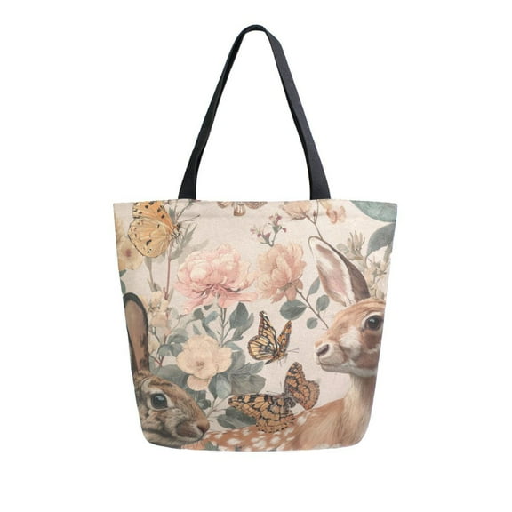 Open Top Canvas Tote Bag with Zipper Reusable Shopping Bag 13.5x15" Roomy Carryall Deer and Butterflies Pattern