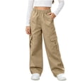 thumbnail image 3 of Xaqiouau Girls Cargo Pants Wide Leg Loose Fit Elastic Waist Casual Trousers with Side Pockets Kids Streetwear Full Length Pants School Daily Wear Khaki 5-6 Years, 3 of 9