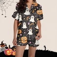thumbnail image 6 of Women's Halloween 2PC Pajamas Set Short Sleeve Lapel Button Down Shirt And Shorts Lounge Set Print Homewear with Pockets Gray S, 6 of 8