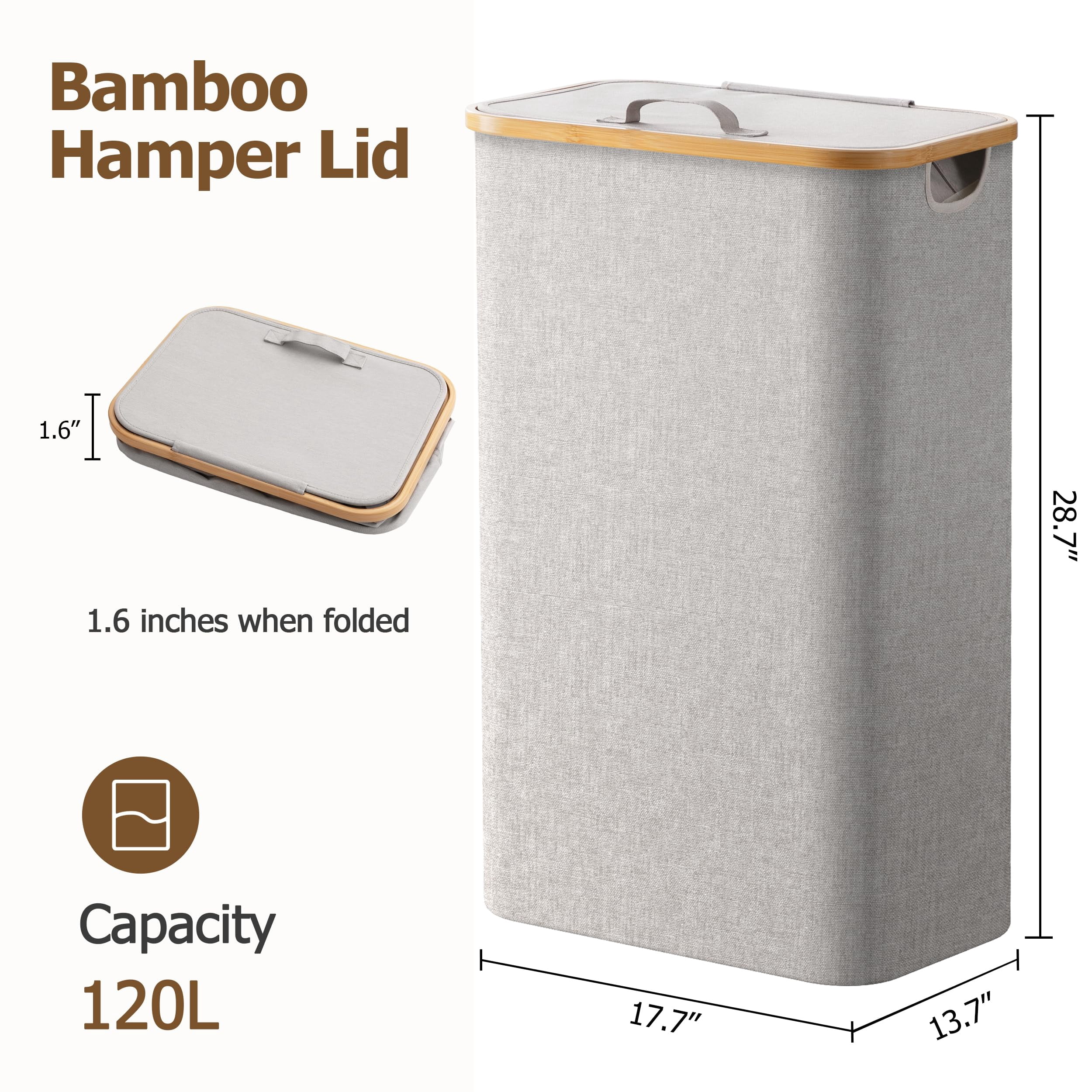 HBlife 120L Slim Laundry Hamper with Lid and Removable Inner Bag,Lightgrey