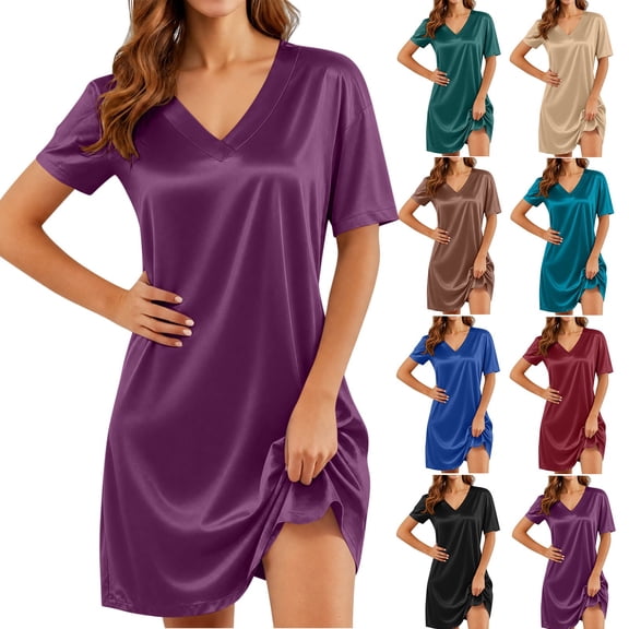 Frostluinai Satin Nightgowns for Women Silk Short Sleeve Nightshirt Silky T Shirt Night Gown V Neck Mini Sleepdress Loose Sleepwear S-XXL