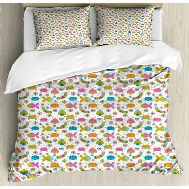 Animals Duvet Cover Set King Size, Crab Fish and Ladybug Composition of Animals with Hearts and Dots Comic Design, Decorative 3 Piece Bedding Set with 2 Pillow Shams, Multicolor, by Ambesonne