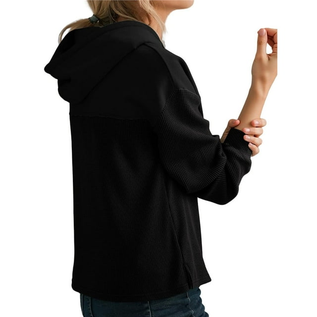 Sudadera con Capucha para Mujer, Informal, de Punto Gofre, de Larga, con Cordón Ajustable, Ligera, con Capucha Negro XL