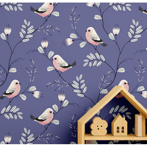 S4Sassy Bird & Vine Print Wallpaper - Blue Wall Covering, 25" X 60" Self-Adhesive Vinyl Walls Paper, Wallwrap, Easy Diy Walls Covering For Kids Bedroom, Room Wall Decor, Playroom Wallpaper