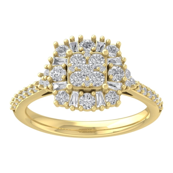 Araiya 10K Yellow Gold Round and Baguette Diamond Halo Ring (1 cttw, I-J Color, I2-I3 Clarity), Size 7