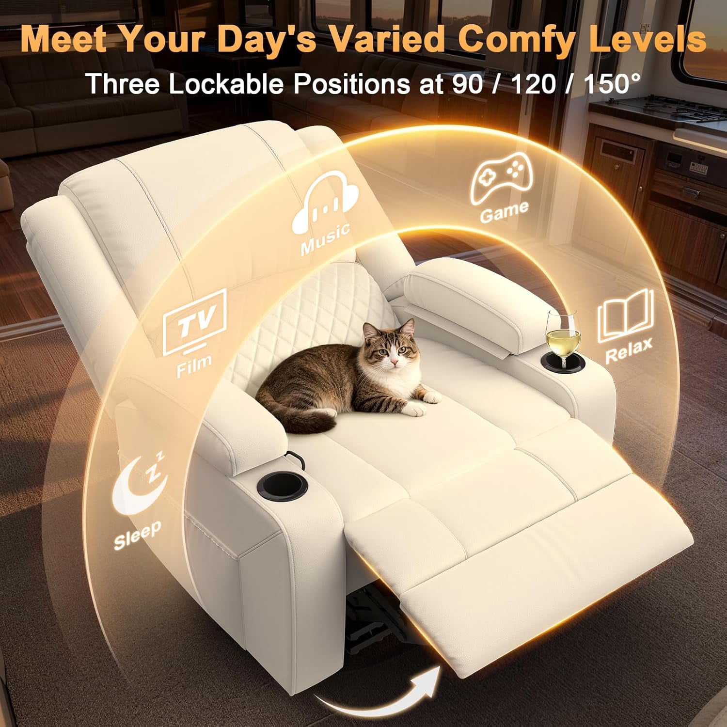 Oversized Manual Recliner Chair, 3-Angle Recliner with Hidden Arm Storage, Cup Holder & Side Pocket, Home Theater & RV Single Sofa, White