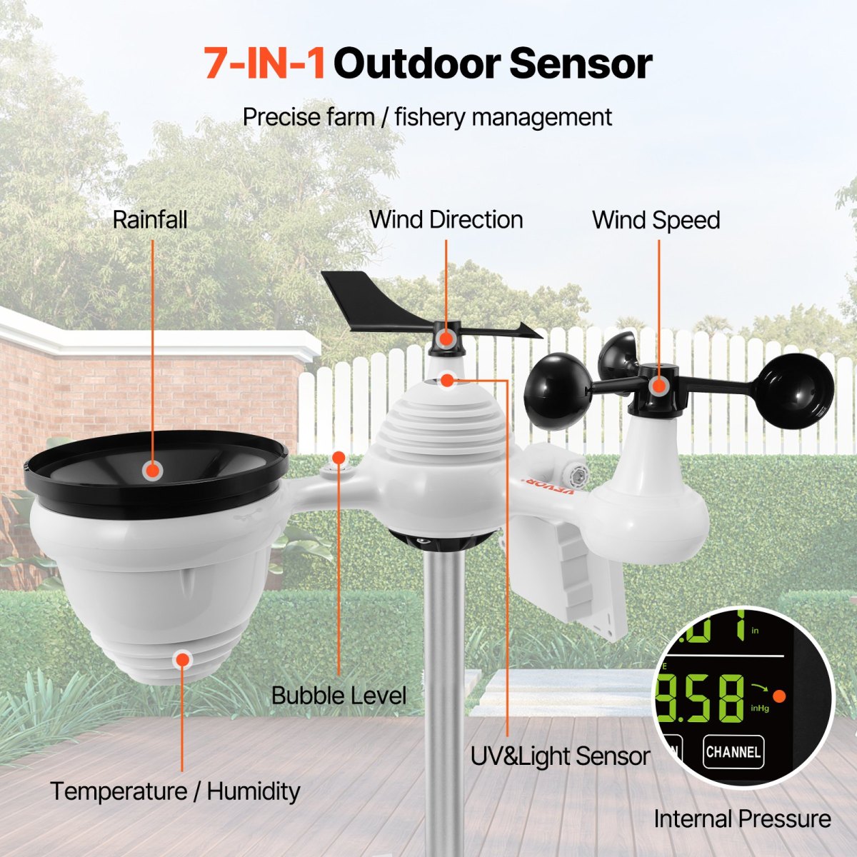 7-in-1 Wi-Fi Weather Station with 7.5" Color Display Home Indoor Outdoor Weather Station Solar-Powered Wireless Outdoor Sensor & Alarm Alerts for Temperature Humidity Wind Speed Direction & Rain