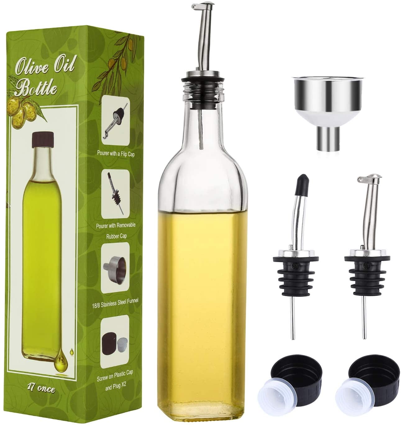 GMISUN Clear Olive Oil Dispenser Bottle Funnel Olive Oil Carafe Decanter for Kitchen 2 Pack 17oz Olive Oil Bottle Glass Oil and Vinegar Dispenser Set W/Stainless Rack Drip Free Pour Spouts 
