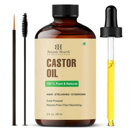 Botanic Hearth Castor Oil | 100% Pure & Natural, Cold Pressed | 2 fl oz| For Hair, Eyelashes & Eyebrows | Hexane Free, Fast Absorbing | With Applicators & Dropper